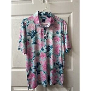 Con Struct Polo Shirt Mens Large Quick Dry Performance Hawaiian Print Pink Blue